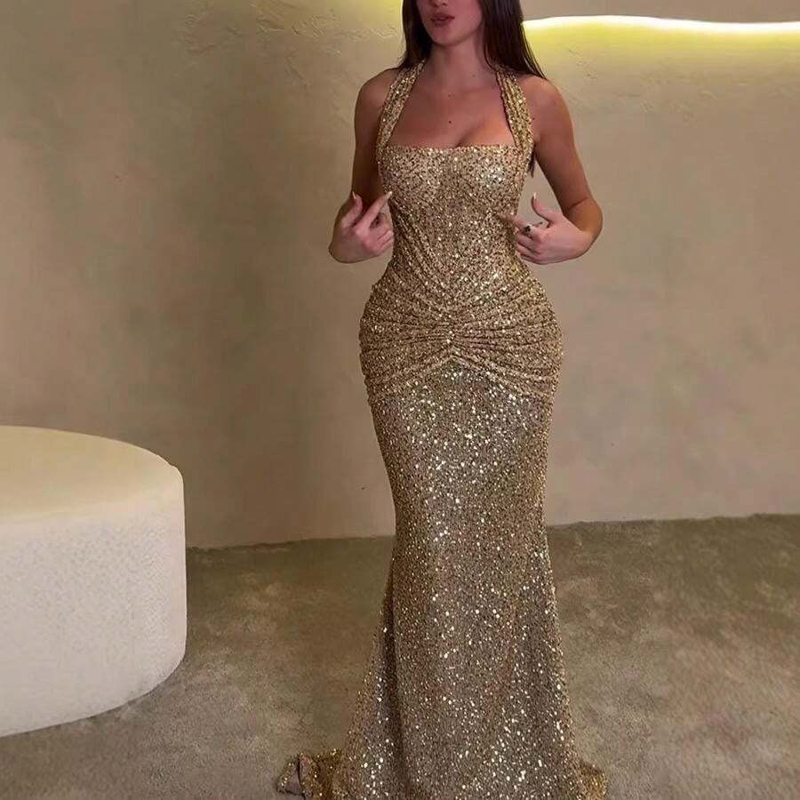 2026 Spring/Summer New Arrival: Women's Stylish Sequin-Embellished Halter Dress - "INS" Style, Perfect For Vacations & Parties; Casual, Slimming, Elegant, And Versatile Sleeveless Maxi Dress - 金色 - 查看 1
