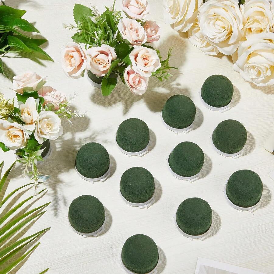 12pcs Mini Flower Foam Holders, Round Flower Foam With Green Decorative Line, Wedding Bottle Decoration Supplies