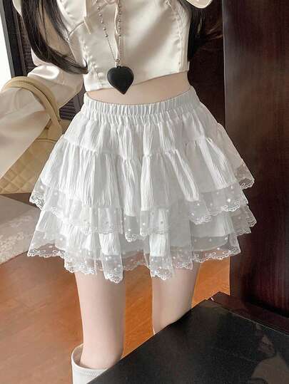 法式芭蕾舞风格蕾丝边高腰褶裥蛋糕裙，夏季防走光蓬蓬裙，春季白色