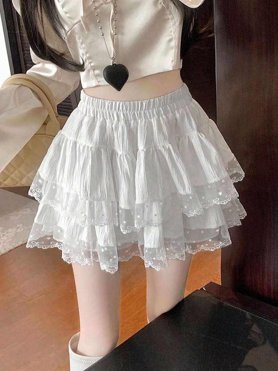 法式芭蕾舞风格蕾丝边高腰褶裥蛋糕裙，夏季防走光蓬蓬裙，春季白色 - 白色 - 查看 1