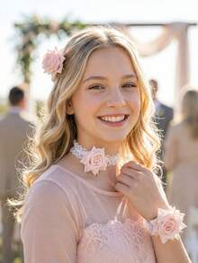 3pcs/Set Flower Hair Clip + Wrist Flower + Flower Necklace, Suitable For Teenage Girls, Wedding Ceremony, Party, Photo Booth Props - Pink - View 6