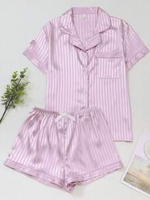 2pcs White Striped Satin Short Sleeve Collared Top And Bow Shorts Pajama Set For Women, Spring/Summer - Pink - View 1