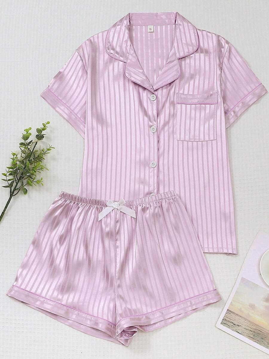 2pcs White Striped Satin Short Sleeve Collared Top And Bow Shorts Pajama Set For Women, Spring/Summer - Pink - View 1