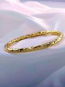 1pc Vintage 5mm Hollow Tube Floral Design Bangle Bracelet, Suitable For Daily Wear - Gold - View 8