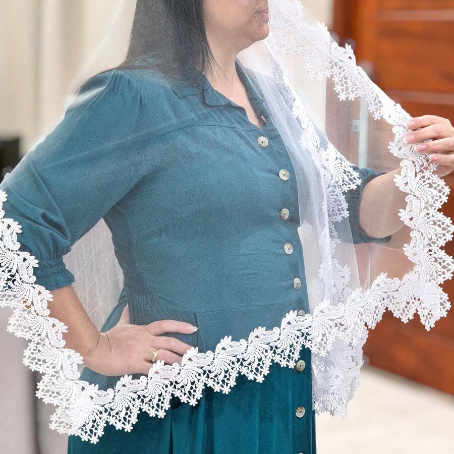 Véu Ccb Congregação Cristã Tule Francês Transparente e Renda Guipir Floral Retangular/Quadrado (Silvana) - Branco - Visão 1