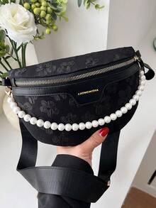 Pearl Decor Women Crossbody Waist Bag Chest Bag - Black - View 2