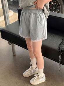 1件女童優雅可愛時尚蕾絲短裙褲，通勤校園風 - 淺灰色 - 查看 3