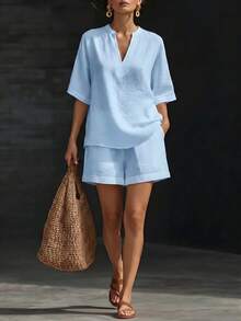 2026 Spring/Summer Women's Solid Color V-Neck Linen-Cotton Casual Top And Shorts Two-Piece Set - 藍色 - 查看 1