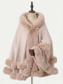 1pc Solid Color Double-Layer Faux Fur Hooded Shawl,Beach,Holiday - Multicolor - View 2