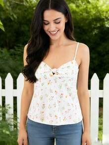 Women's Tie-Back Floral Camisole  Halter Neck Spaghetti Strap Top  Summer Sleeveless Going Out Tank - Ivory White - View 2