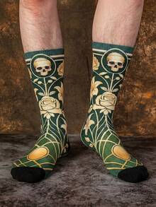 1/3 Pairs Dark Green Base + Gold Embossed Print Socks, Featuring Skull, Rose Floral, Geometric Retro Patterns, Rich Colors With Art Vibe, Novelty Crew Socks For Men, Summer Fashion - Multicolor - View 4
