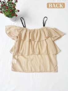 Fashionable Women's Knitted Fabric Off-Shoulder Top With Layered Ruffle Trim And Spaghetti Strap - Apricot - View 6