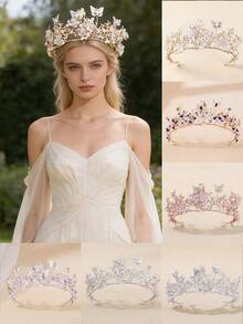 1件多色新娘蝴蝶花朵水钻合金巴洛克皇冠，适合婚礼、舞会、派对、日常佩戴 - 彩色 - 查看 1