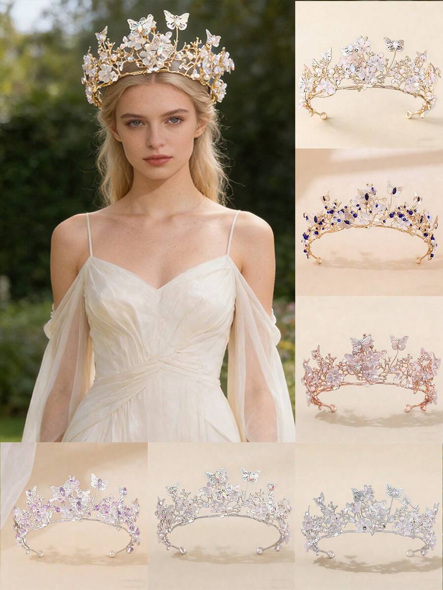 1件多色新娘蝴蝶花朵水钻合金巴洛克皇冠，适合婚礼、舞会、派对、日常佩戴 - 彩色 - 查看 1