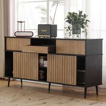 Four Sliding Doors With A Chest Of Drawers, Combining Oak And Black Wood. Dimensions: 160 Cm Wide * 40 Cm High * 80 Cm Deep. - Black + Natural Colors - View 3