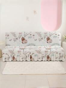 1pc Fresh Plant Printed Sofa Bed Cover With Skirt Edge, Polyester Fiber Sofa Cover, Suitable For Armless Sofas - Beige - View 4