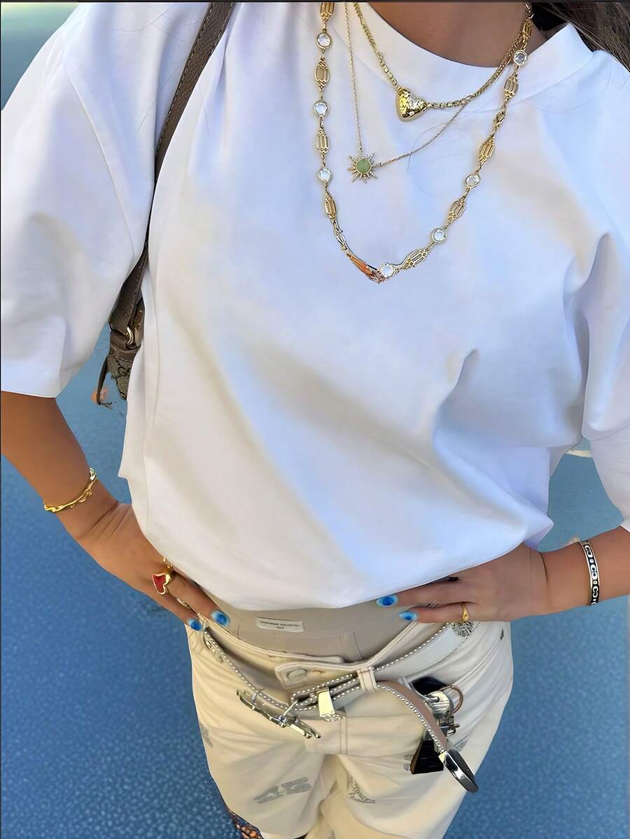Women's Summer Top, Solid Color Shirt, Casual Women's Shirt, Pure Cotton T-Shirt, Available In Black, White, Apricot, Red, And Gray. Machine Washable, An Everyday Essential, Loose Fit, All Sizes Available. Women's Summer Top, A Mother's Day Gift. - 白色 - 查看 1