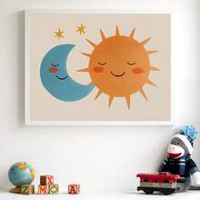 1pc Canvas Wall Art, Framed Children's Room Wall Art, Smiling Sun And Sleeping Moon Design, Cute Children's Room Wall Decor, Soft Color Tone Kids Room Decor, Lovely Starry Sky Theme, Children's Room Decor, Playroom Poster, Preschool Decor, Nursery Decor, Planet Poster, Kids Gift, Party Decor, Waterproof, Comfortable Decorative Art - Multicolor - View 7