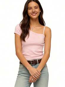 Top de Punto Casual para Mujer Asimétrico de Un Hombro, Manga Mixta, Corto y Delgado para Citas y Oficina de Verano - Rosa - Ver 2