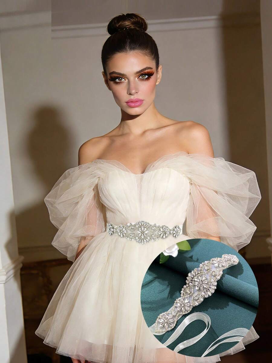 一体式新娘腰带，银色闪亮水晶钻石腰带，女士礼服腰带，婚纱配饰