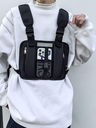 1 pieza Chaleco casual con cremallera, inserto de malla y bolsa de pecho con broche a presión para hombres, mochila de pecho portátil adecuada para el trabajo, el transporte, las compras, los viajes, un regalo ideal para el Día del Padre