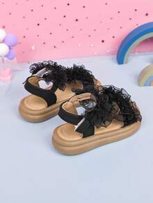 1 par de zapatos de verano con adorno de encaje para niñas pequeñas, sandalias planas de princesa para niños - Negro - Ver 9