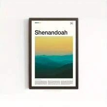 1 póster estilo mapa del Parque Nacional Shenandoah - Arte mural minimalista de Virginia con cordillera verde y dorada, valle teal en tonos azul-verdoso. Decoración sin marco tipo lienzo para hogar, oficina o cabaña. ¡Perfecto como decoración geográfica plana 2D! - Sin marco - Ver 1