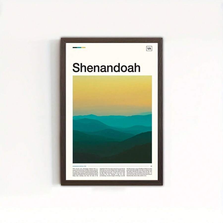 1 póster estilo mapa del Parque Nacional Shenandoah - Arte mural minimalista de Virginia con cordillera verde y dorada, valle teal en tonos azul-verdoso. Decoración sin marco tipo lienzo para hogar, oficina o cabaña. ¡Perfecto como decoración geográfica plana 2D! - Sin marco - Ver 1