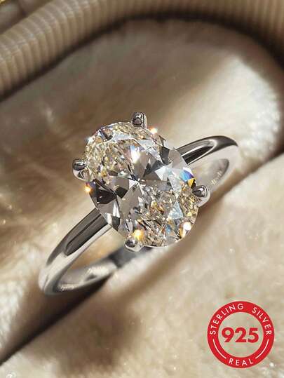 1 pieza Anillo ovalado de plata de ley 925 elegante y lujoso con 4 garras, regalo de joyería para mujer, regalo de cumpleaños, regalo de fiesta