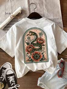[Double-Sided Print]Summer Casual Women's Top, Vintage Style, Snake And Floral Print, Round Neck, Pure Cotton Short-Sleeve T-Shirt[LingK]100% Cotton - 白色 - 查看 2
