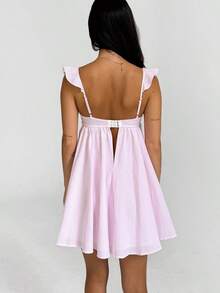 Women Floral Ruffle Strap Babydoll Dress Sleeveless Backless A-Line Summer Mini Sundress - Pink - View 2