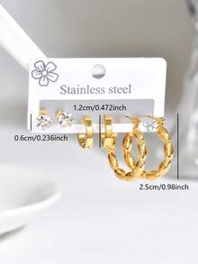 1 Set Retro Stainless Steel Stud Hoop Earrings, Versatile Daily Wear Jewelry Set For Women - Multicolor - View 4