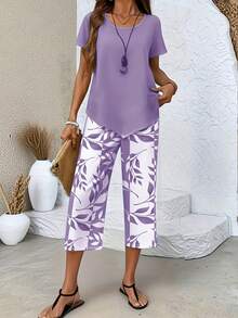 Women's Casual Two Piece Outfits Spring Summer, Light Blue Short Sleeve Round Neck Top & Blue White Leaf Print Calf Length Wide Leg Pants, Loose Comfortable Matching Sets For Daily Casual, Vacation, Lounge & Commute - 紫色 - 查看 5