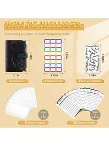 1pc Black Marble Texture Faux Leather A6 Budget Planner Binder With Zipper Cash Envelope And Expense Tracker, Money Saving Budgeting Notebook For Financial Planning - Multicolor - View 6