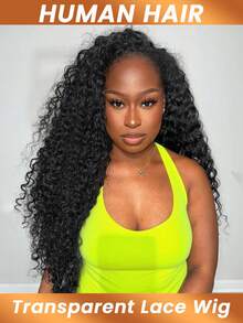 Tóc giả ren phía trước kiểu sóng nước, tóc thật 200%, kích thước 13x4, trong suốt, đã được tỉa sẵn, kiểu xoăn sâu, dành cho nữ (Tóc giả ren phía trước kiểu sóng nước 13x4, dài từ 8-28 inch) - Natural Black - Xem 3