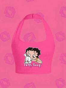 SHEIN X Betty Boop Áo hai dây cổ yếm in họa tiết - Kết hợp yếu tố dễ thương với thời trang, tôn lên vẻ ngoài sành điệu và đáng yêu của chiếc áo. - Màu Hồng Tươi - Xem 1