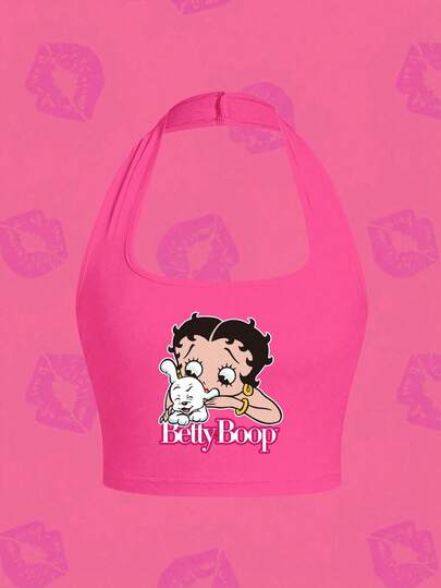 SHEIN X Betty Boop Áo hai dây cổ yếm in họa tiết - Kết hợp yếu tố dễ thương với thời trang, tôn lên vẻ ngoài sành điệu và đáng yêu của chiếc áo.