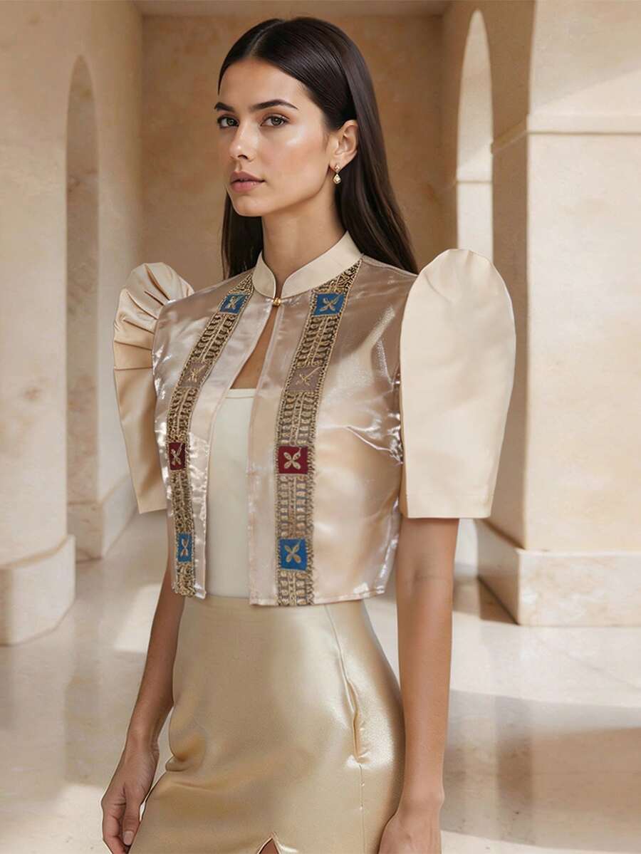 1件現代菲律賓風上衣，蝴蝶袖拼接鈕扣短袖開襟襯衫，女款，適合旅行與度假 - 香檳色 - 查看 1