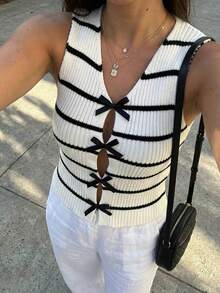 Áo dệt kim không tay kẻ sọc gợi cảm dành cho nữ, thích hợp mặc đi biển vào mùa hè. - Đen và trắng - Xem 7