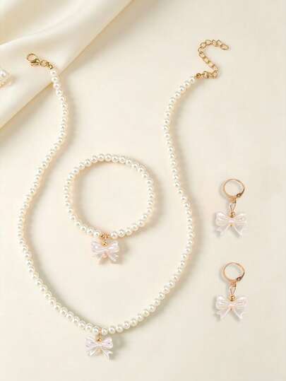 Bộ 4 món dây chuyền đính ngọc trai giả hình bướm dành cho bé gái, 1 vòng tay, 1 đôi bông tai.