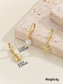 GEREIT 3pcs Asymmetric Beach Style Metal Faux Pearl Starfish Earring Set, Suitable For Women's Daily And Vacation Wear - Gold - View 2