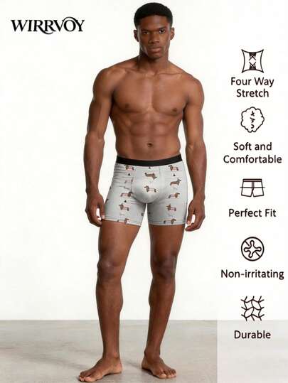 Men's 2pcs Cute Sausage Dog Print Boxer Briefs, Stylish Comfort Underwear For Everyday Use,Dachshund Lover Style Fashion Underwear For Men, Perfect For Daily Outfits
