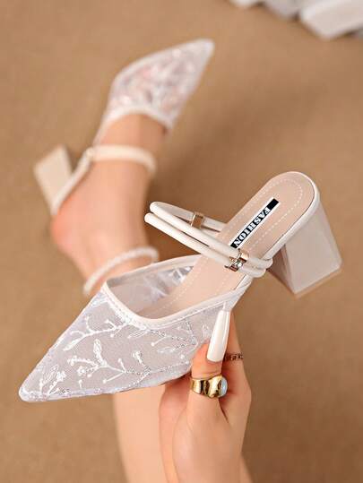 Giày sandal cao gót quai ngang mắt cá chân, mũi kín, đính đá lấp lánh, kiểu dáng thời trang mùa hè mới dành cho nữ.