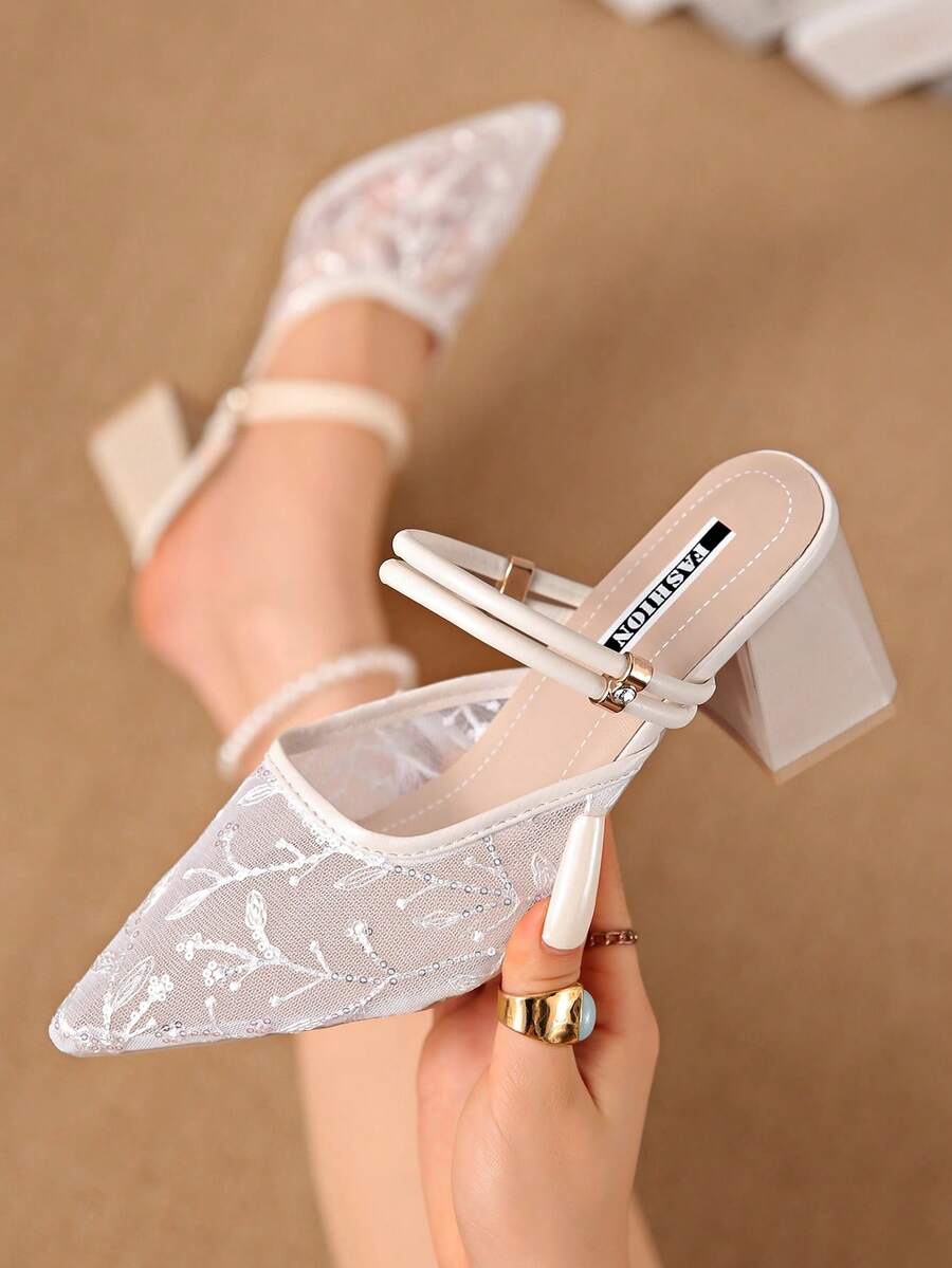 Giày sandal cao gót quai ngang mắt cá chân, mũi kín, đính đá lấp lánh, kiểu dáng thời trang mùa hè mới dành cho nữ. - trắng - Xem 1