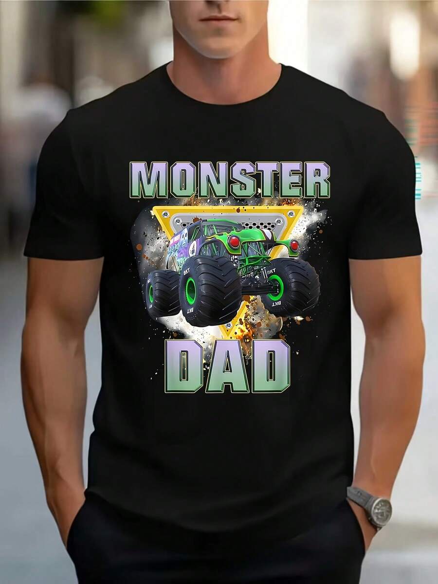 Men's Monster Truck Dad Monster Truck Are My Jam Truck Lovers Print Tee - Black Casual Summer T-Shirt, Comfortable Regular Fit Round Neck Short Sleeve Top For Casual Attire And Outdoor Activities, Everyday Outfit, Statement Lightweight Shirt, Mens Fashion - màu đen - Xem 1