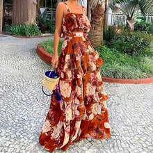 Spring/Summer New Floral Print 2-Piece Set, Ruffled Camisole Top And Maxi Skirt, Bohemian Beach Vacation Casual Outfit For Women - Coral Orange - View 9