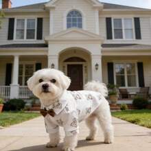 1 pieza Ropa para mascotas perros con estampado de oso lindo, camisa con corbata de moño elegante, adecuada para perros pequeños, se puede usar en todas las estaciones - Beis - Ver 13