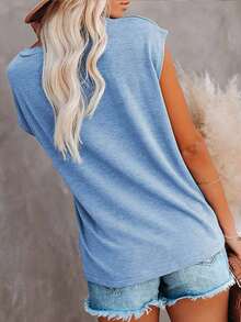 Women's Solid Color Batwing Sleeve Loose Casual T-Shirt, Summer Pocket Patch Top - Sky Blue - View 4