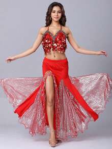 女士肚皮舞服装套装，包括露脐上衣、胸罩、臀巾和开衩裙，适合万圣节 - 彩色 - 查看 4