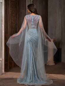 New Arrival Light Blue Evening Gown, Shawl Sleeve Mesh Sequin Embroidered Dress - Baby Blue - View 3